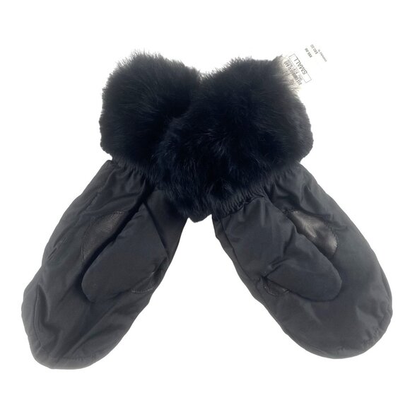 NWT Neiman Marcus Blk Rabbit Fur Cuffs MicroThermaDry Cozy WarmMitten Gloves S